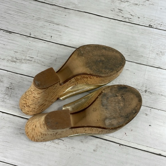 DEE KELLER gold Leather Cork Heel Wedge Platform Mule Sandals - Picture 7 of 14